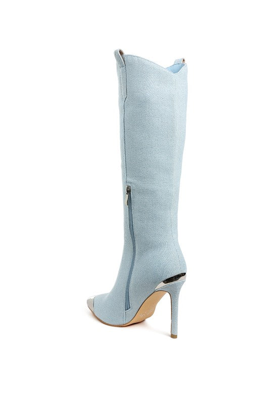 Light blue knee-high boot with a high heel on a white background