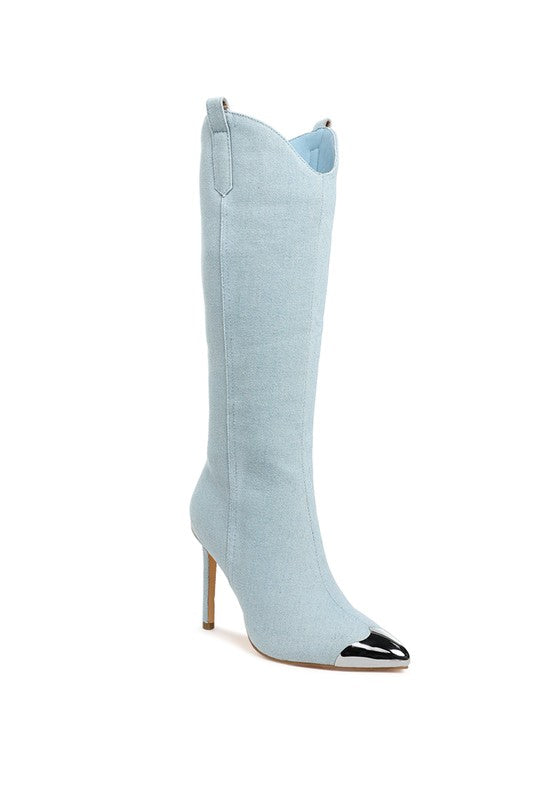 Light blue knee-high boot with a black heel on a white background
