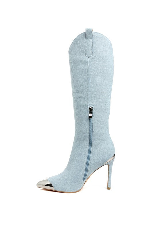 Light blue knee-high boot with a zipper on a white background