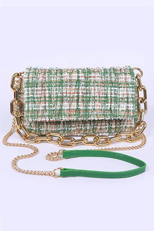 Green Quilted Tweed Chunky Chain Shoulder Bag