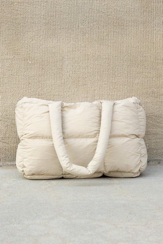 Ivory Nylon Puffer Tote with Zipper