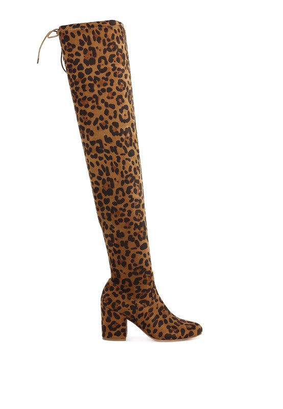 Leopard print knee-high boot on a white background