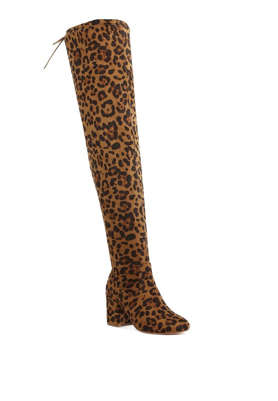 Leopard print knee-high boot on a white background