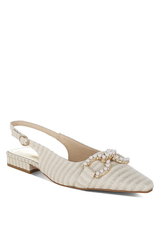 Pink Crina Pearl-Detailed Horsebit Woven Flats