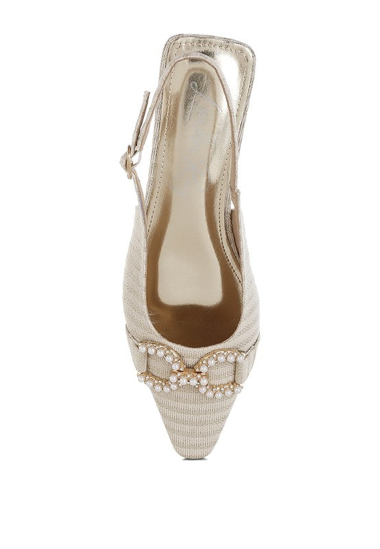 Pink Crina Pearl-Detailed Horsebit Woven Flats