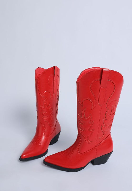 Pair of red cowboy boots on a light gray background