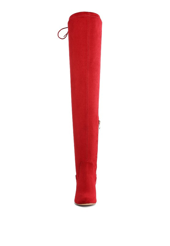 Red knee-high boot on a white background