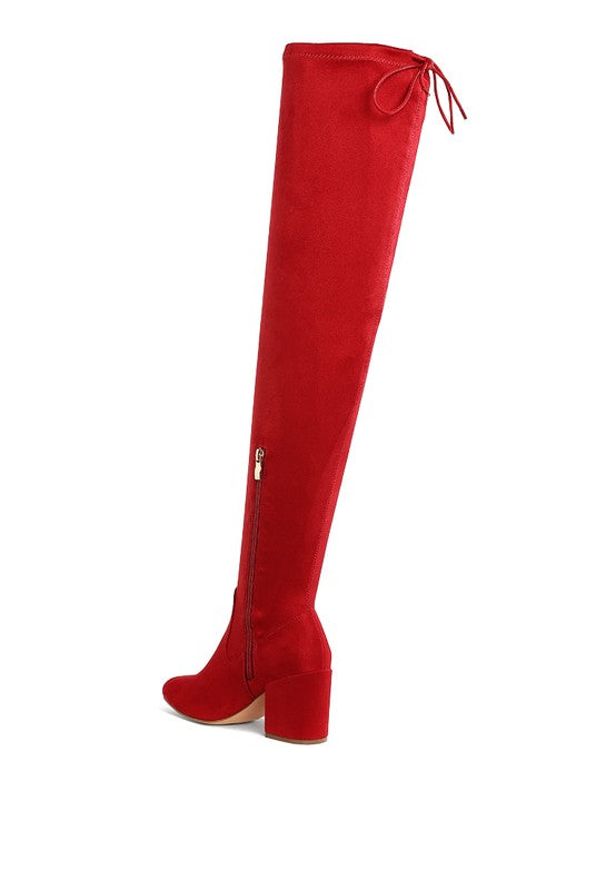 Red knee-high boot on a white background
