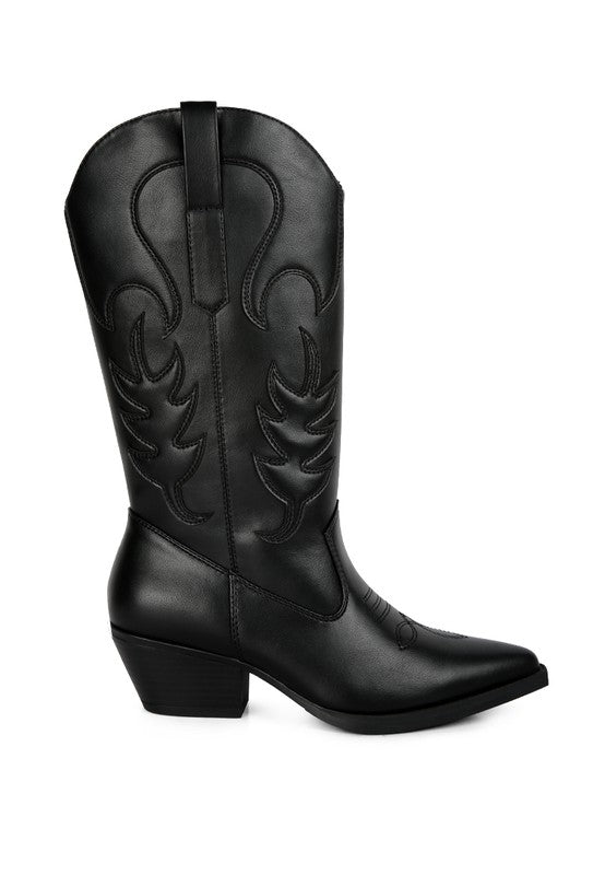 Black cowboy boot with intricate design on a white background