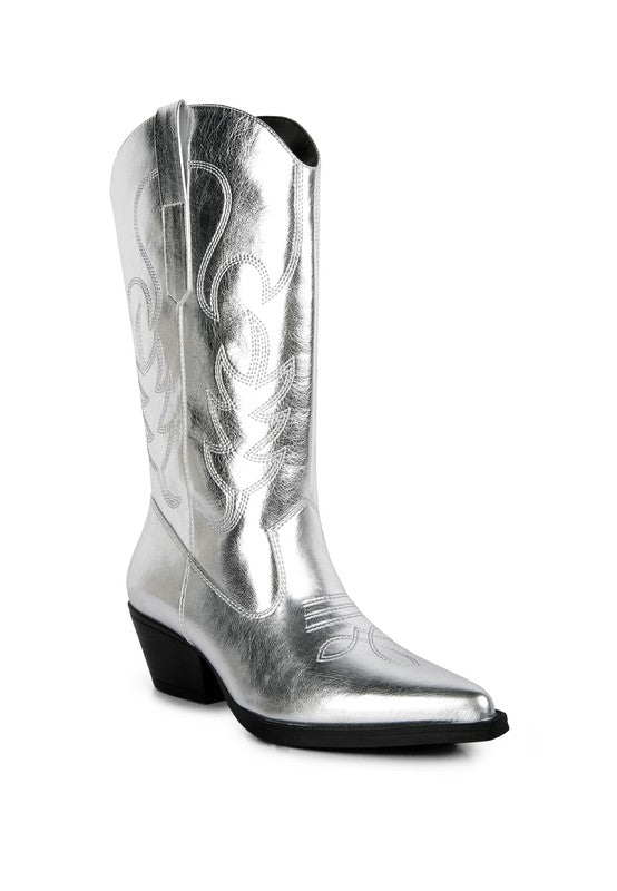 Silver cowboy boot with black sole on a white background