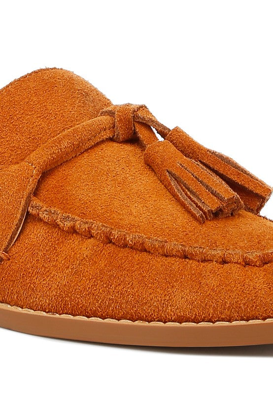 Tan Tassels Detail Suede Loafers