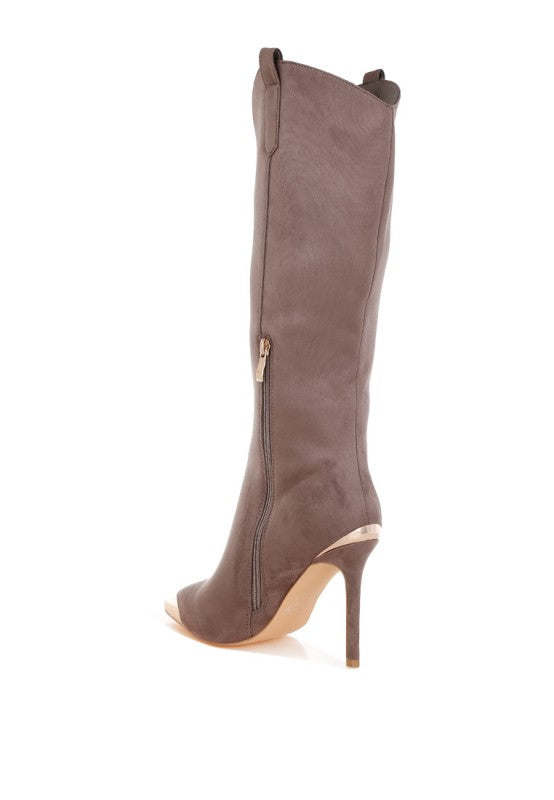 Brown knee-high boot with a high heel on a white background