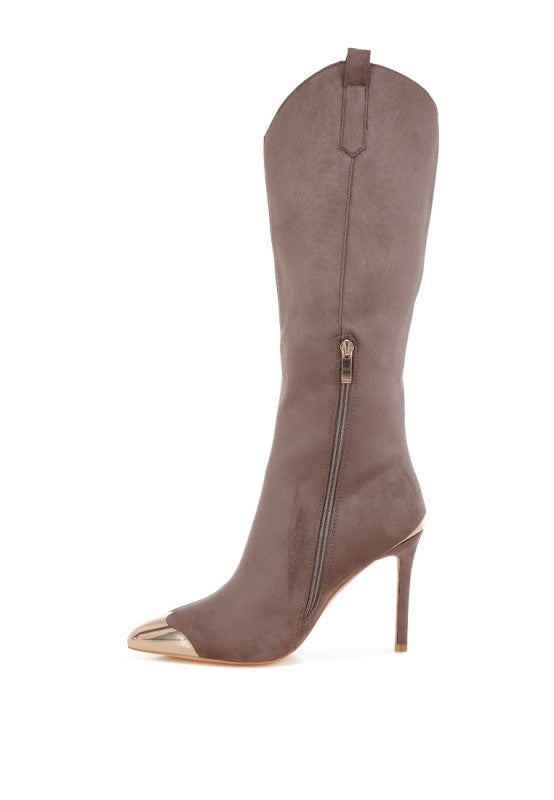 Brown knee-high boot with gold toe detail on a white background