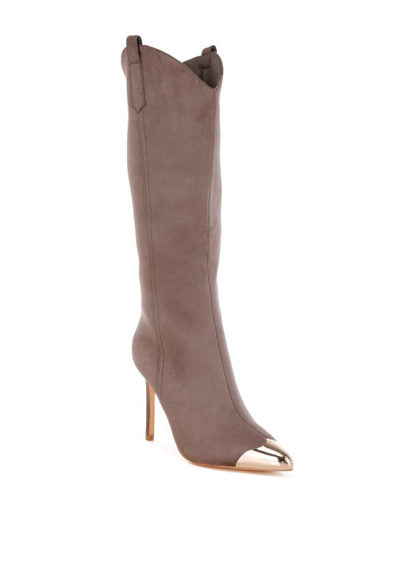Brown knee-high boot with a gold heel and toe on a white background