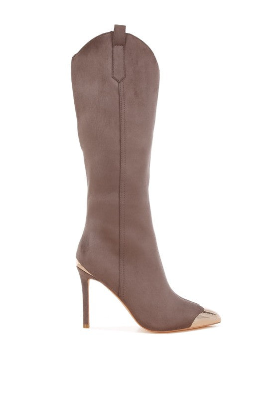 Brown knee-high boot with a gold heel on a white background