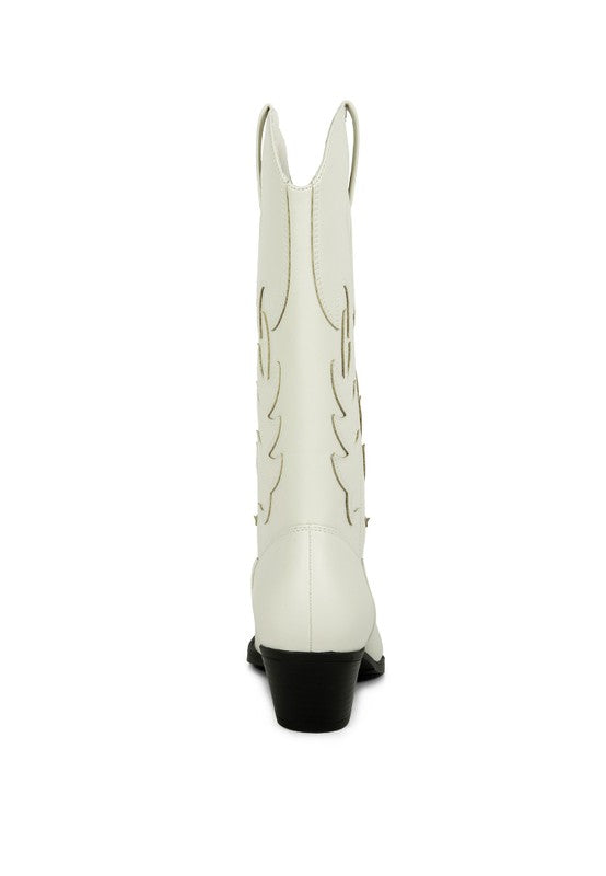 White cowboy boot with black sole on a white background