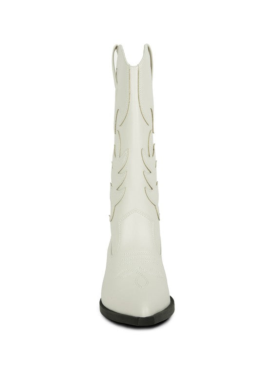 White cowboy boot with black sole on a white background