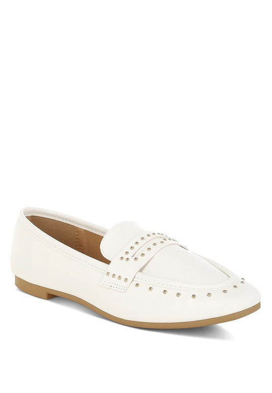 White Studded Faux Leather Loafers