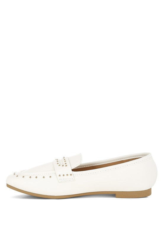 White Studded Faux Leather Loafers