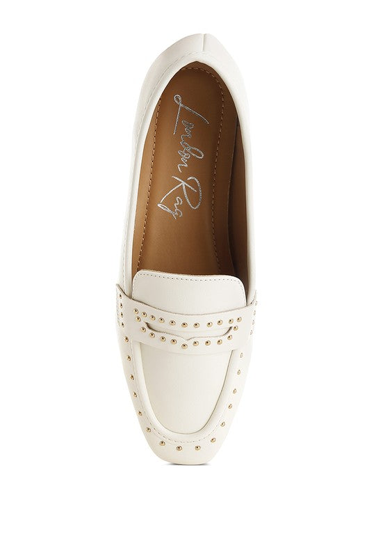 White Studded Faux Leather Loafers