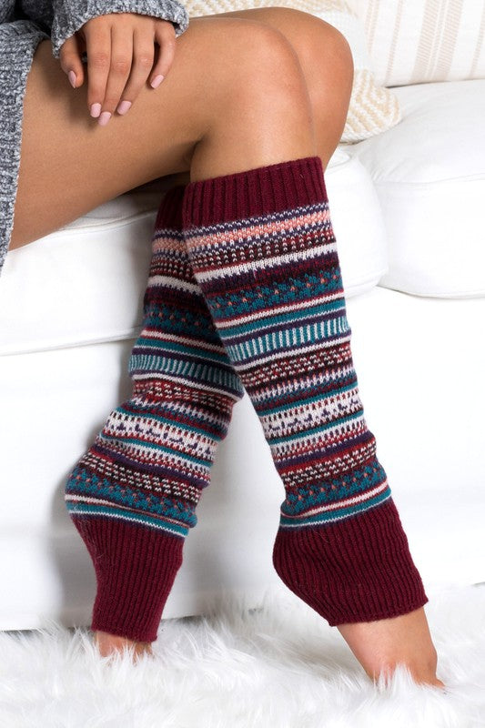 Wine Fair isle Print Legwarmer Thick Knit