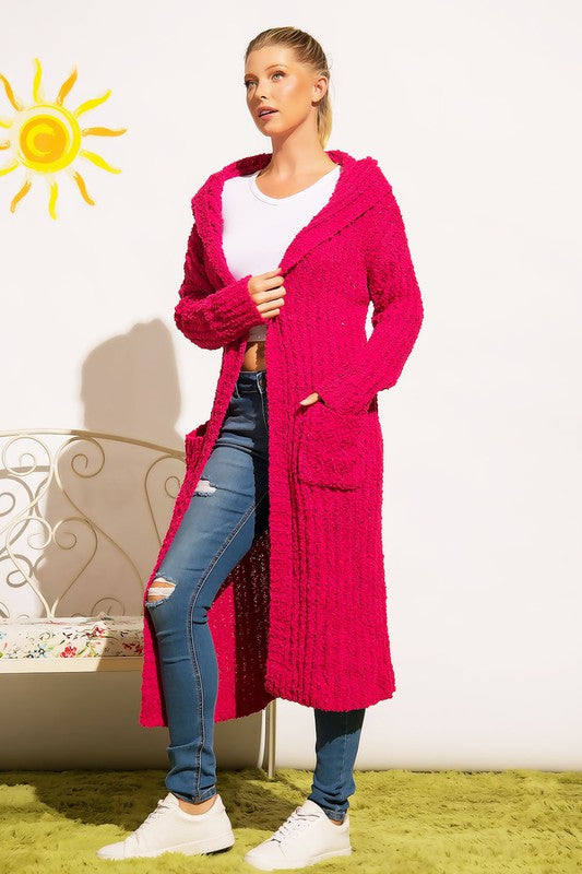 Pink PLUS RIBBED POPCORN KNIT FULL BODY HOODIE CARDIGAN