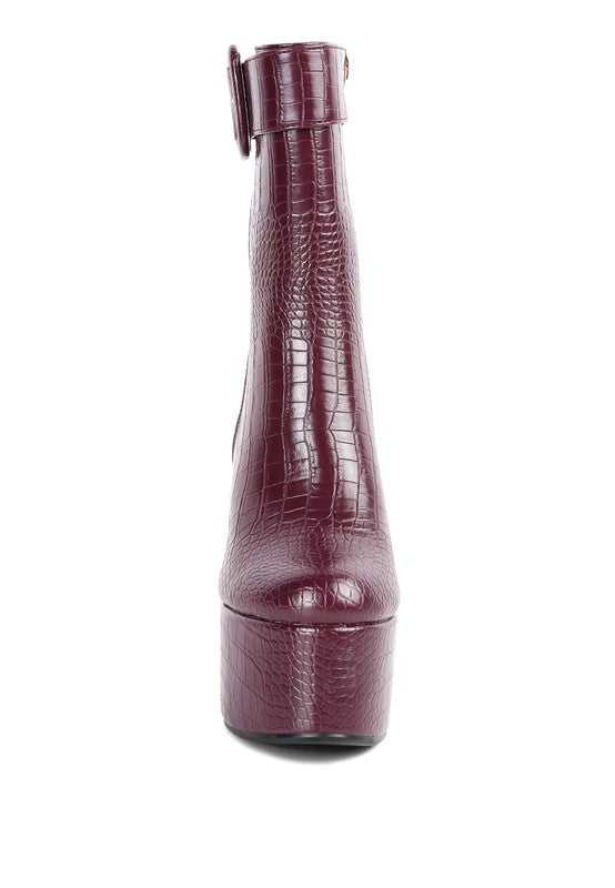 Burgundy Bumpy Croc High Block Heeled Chunky Ankle Boots