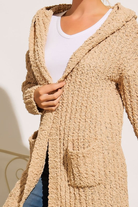 Cream PLUS RIBBED POPCORN KNIT FULL BODY HOODIE CARDIGAN