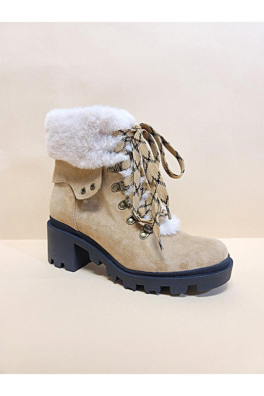 Beige FUR COMBAT BOOTIES
