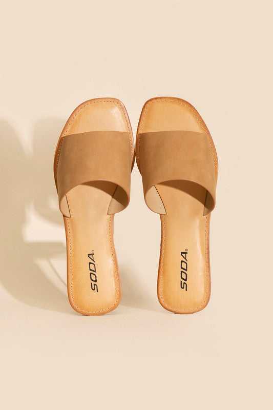 Tan Open Toe Flat Slides