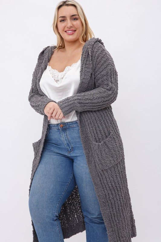 Grey PLUS RIBBED POPCORN KNIT FULL BODY HOODIE CARDIGAN