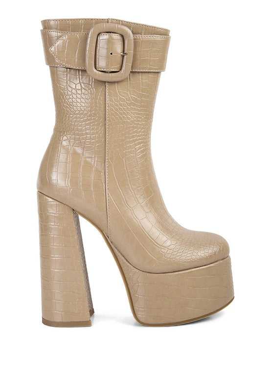 Taupe Bumpy Croc High Block Heeled Chunky Ankle Boots