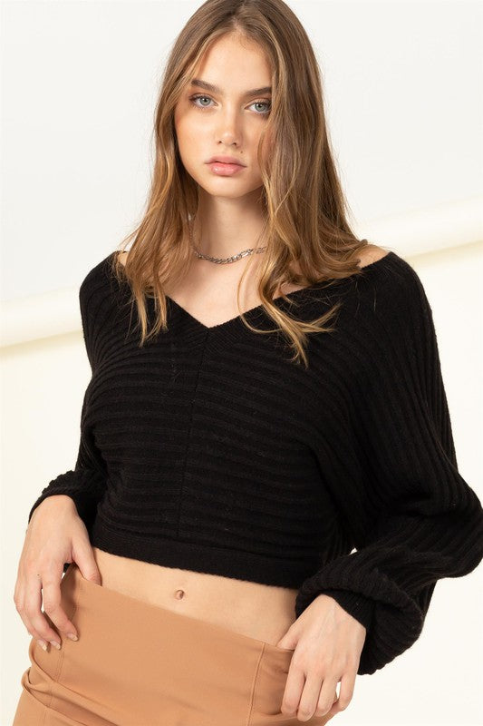 Black Tie-Back Cropped Sweater Top