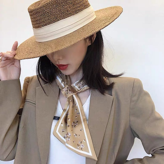 Straw Khaki Hat with White Ribbon 