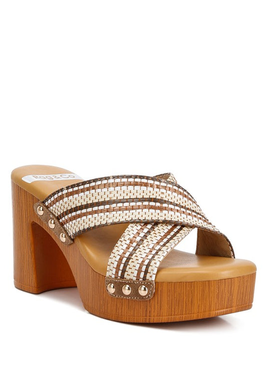 Beige Raffia High Block Heel Clogs