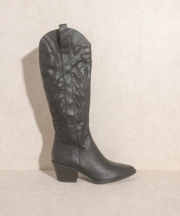 Black Pointed Toe Embroidered Tall Boot