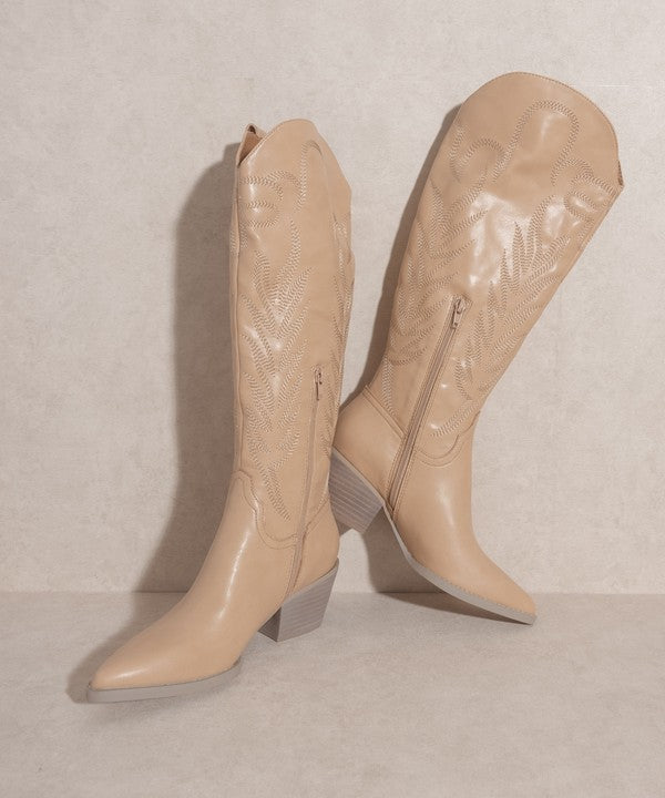Nude Pointed Toe Embroidered Tall Boot