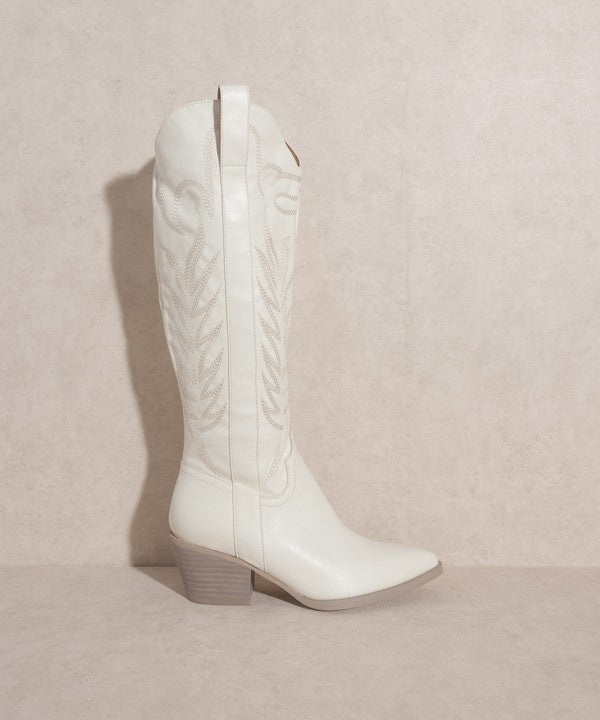 White Pointed Toe Embroidered Tall Boot