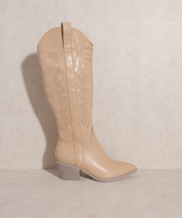 Nude Pointed Toe Embroidered Tall Boot