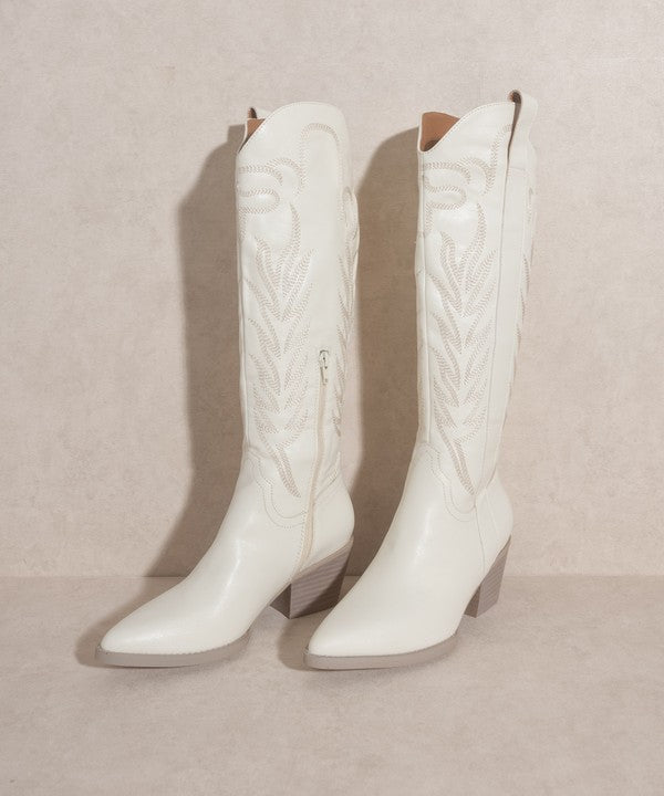 White Pointed Toe Embroidered Tall Boot