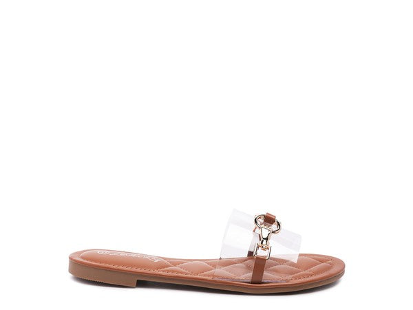 Tan  Clear Buckled Quilted Slides