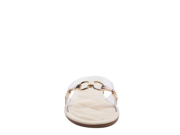 Beige  Clear Buckled Quilted Slides