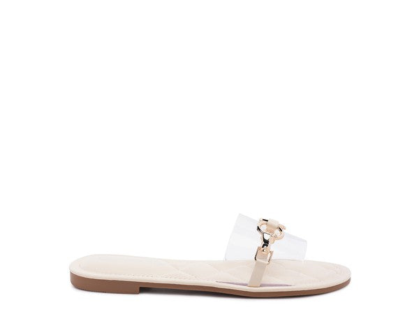 Beige  Clear Buckled Quilted Slides