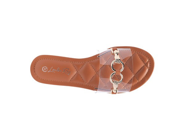 Tan  Clear Buckled Quilted Slides
