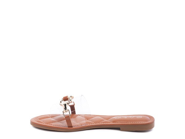 Tan  Clear Buckled Quilted Slides