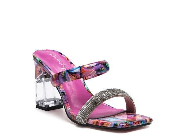 Pink Clear Block Heeled Marble Print Slides