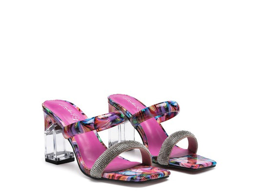 Pink Clear Block Heeled Marble Print Slides