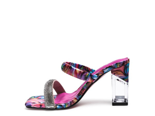 Pink Clear Block Heeled Marble Print Slides