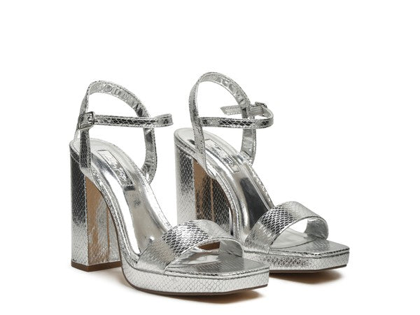 Silver Metallic High Block Heel Sandal