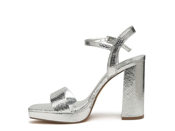 Silver Metallic High Block Heel Sandal